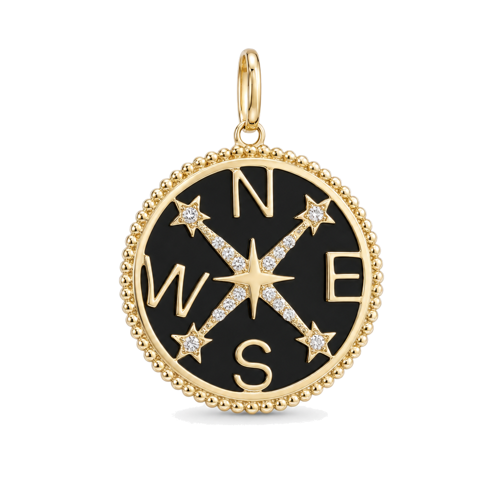 Gemstone Compass Coin Diamond Necklace Charm