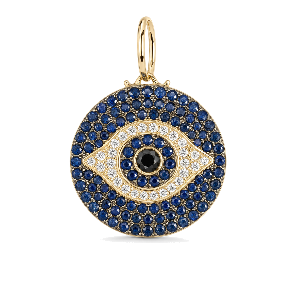 Micro Pave Blue Sapphire Evil Eye Diamond Necklace Charm
