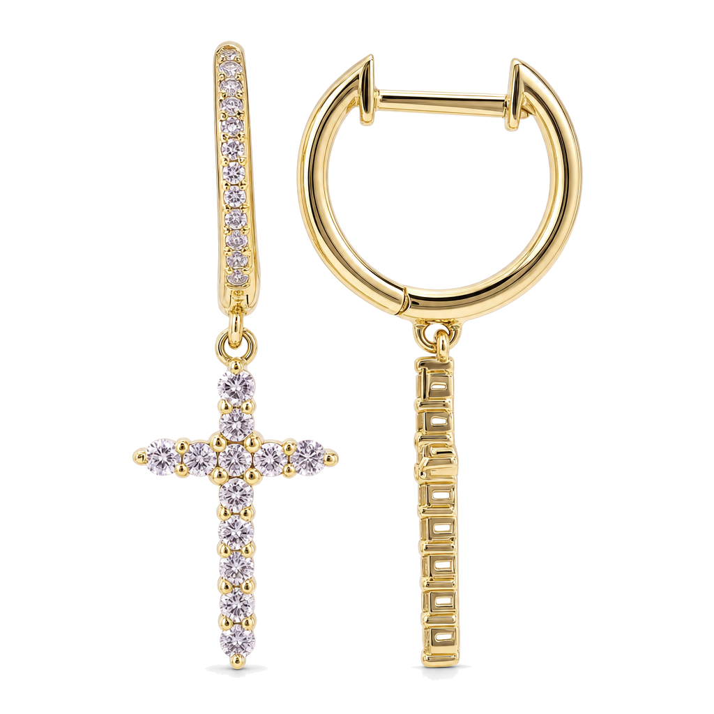 Micro Pave Diamond Cross Dangling Huggie Earrings, view 7