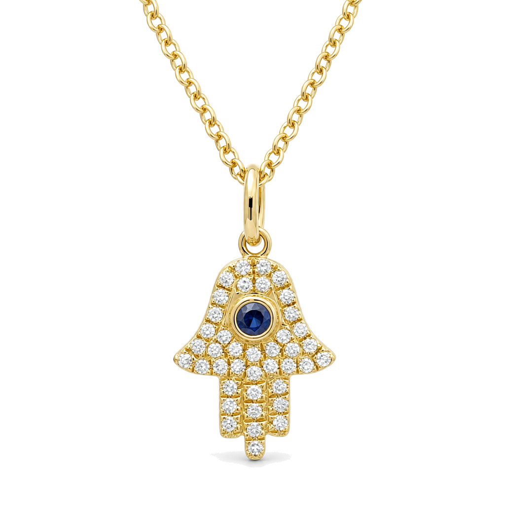 Micro Pave Diamond Sapphire Hamsa Necklace, diamond, sapphire, Izakov Fine Jewelry