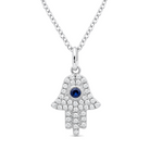 Micro Pave Diamond Sapphire Hamsa Necklace worn on hand