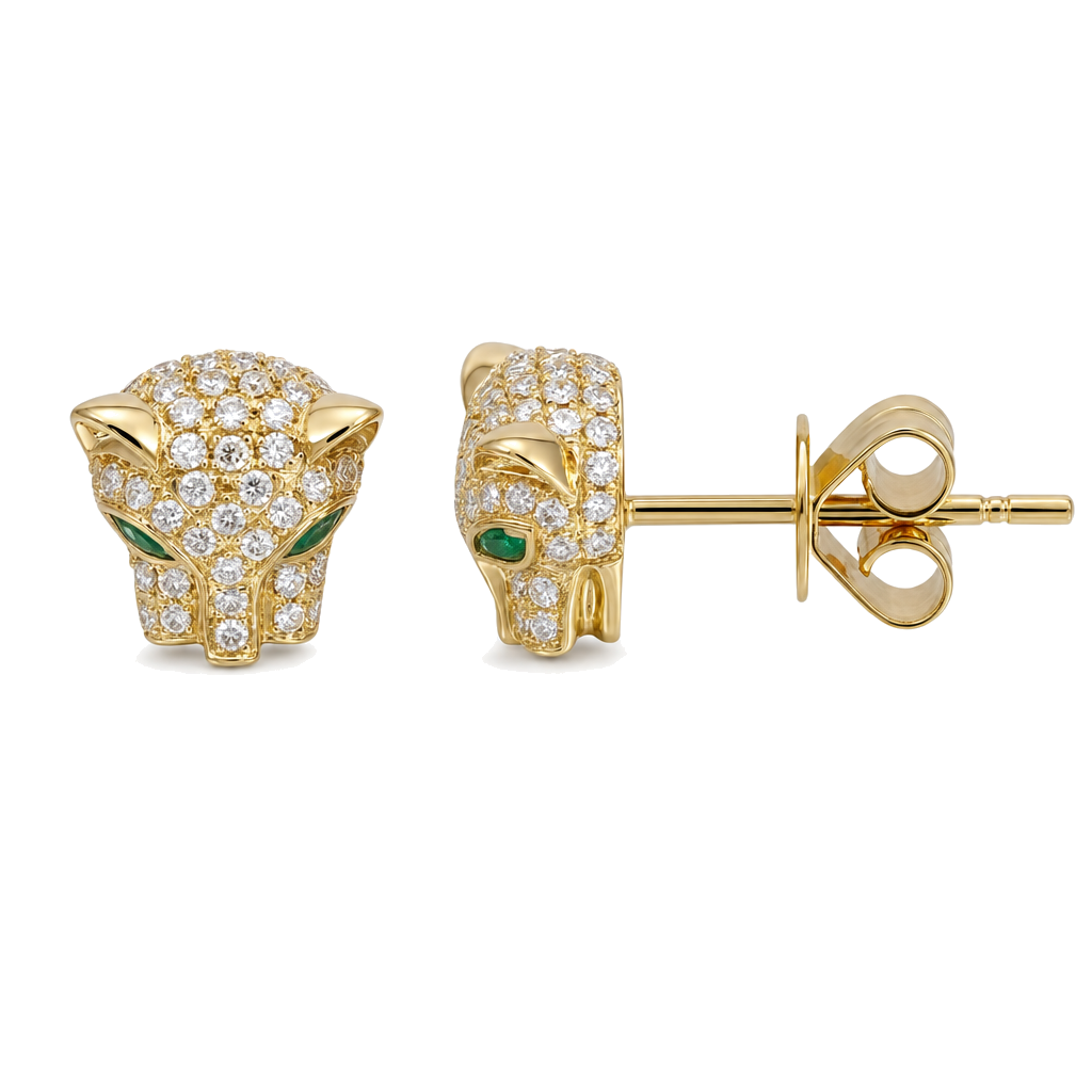 Diamond Pave Panther Head Button Earrings, diamond, Izakov Fine Jewelry