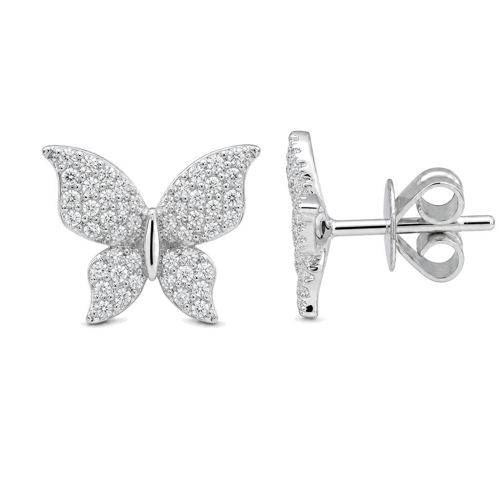 Micro Pave Diamond Monarch Butterfly Button Earrings worn on hand