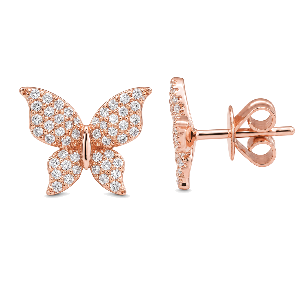 Micro Pave Diamond Monarch Butterfly Button Earrings, alternate angle