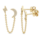 Diamond Pave Chained Lightning Bolt & Moon Double Earring, diamond, Izakov Fine Jewelry