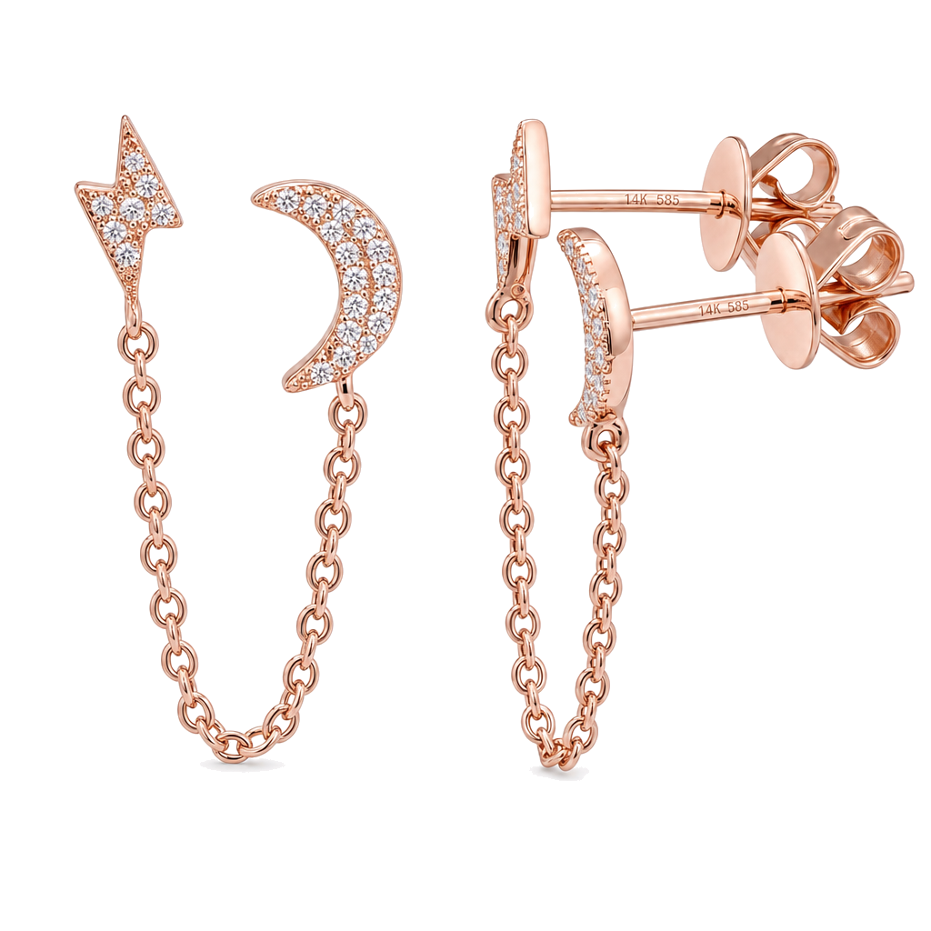 Diamond Pave Chained Lightning Bolt & Moon Double Earring