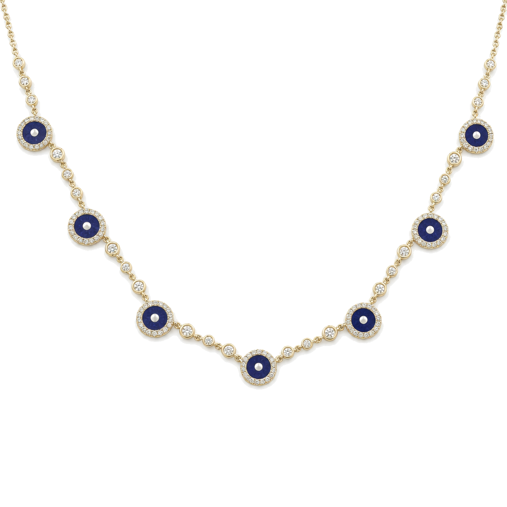 Diamond Halo Lapis Evil Eyes Necklace