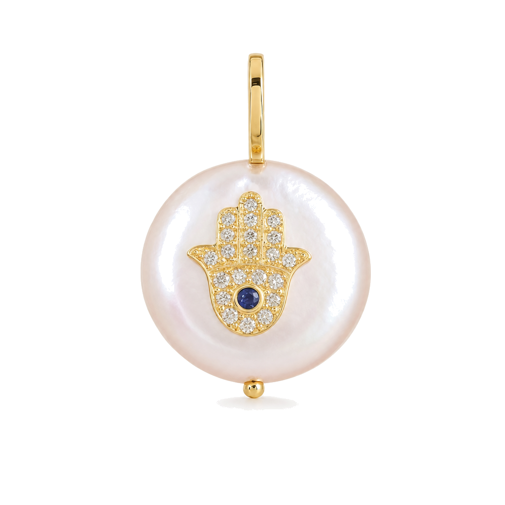 Diamond Accented Hamsa On Flat Pearl Necklace Charm