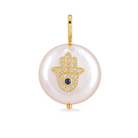 Diamond Accented Hamsa On Flat Pearl Necklace Charm, diamond, pearl, Izakov Fine Jewelry