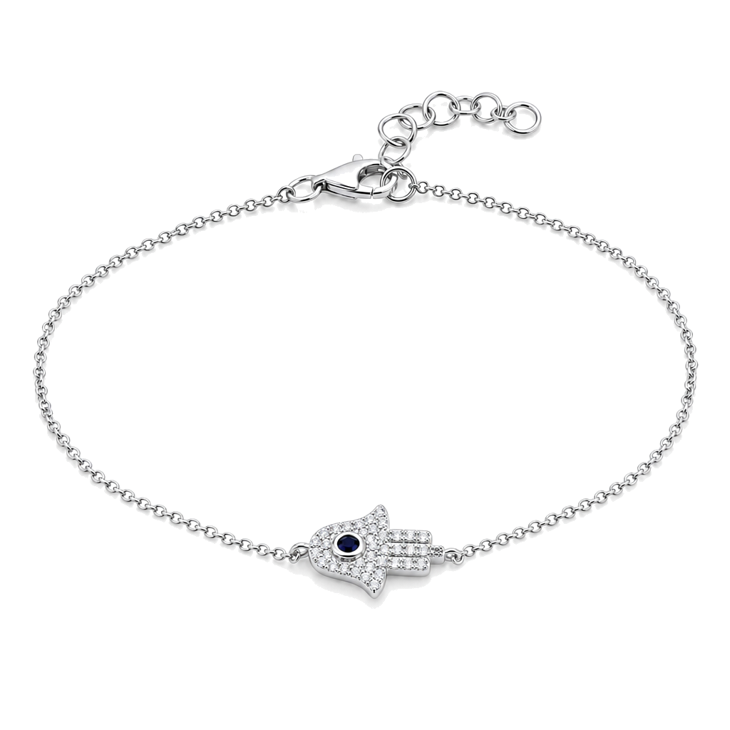 Micro Pave Diamond Sapphire Small Hamsa Bracelet worn on hand