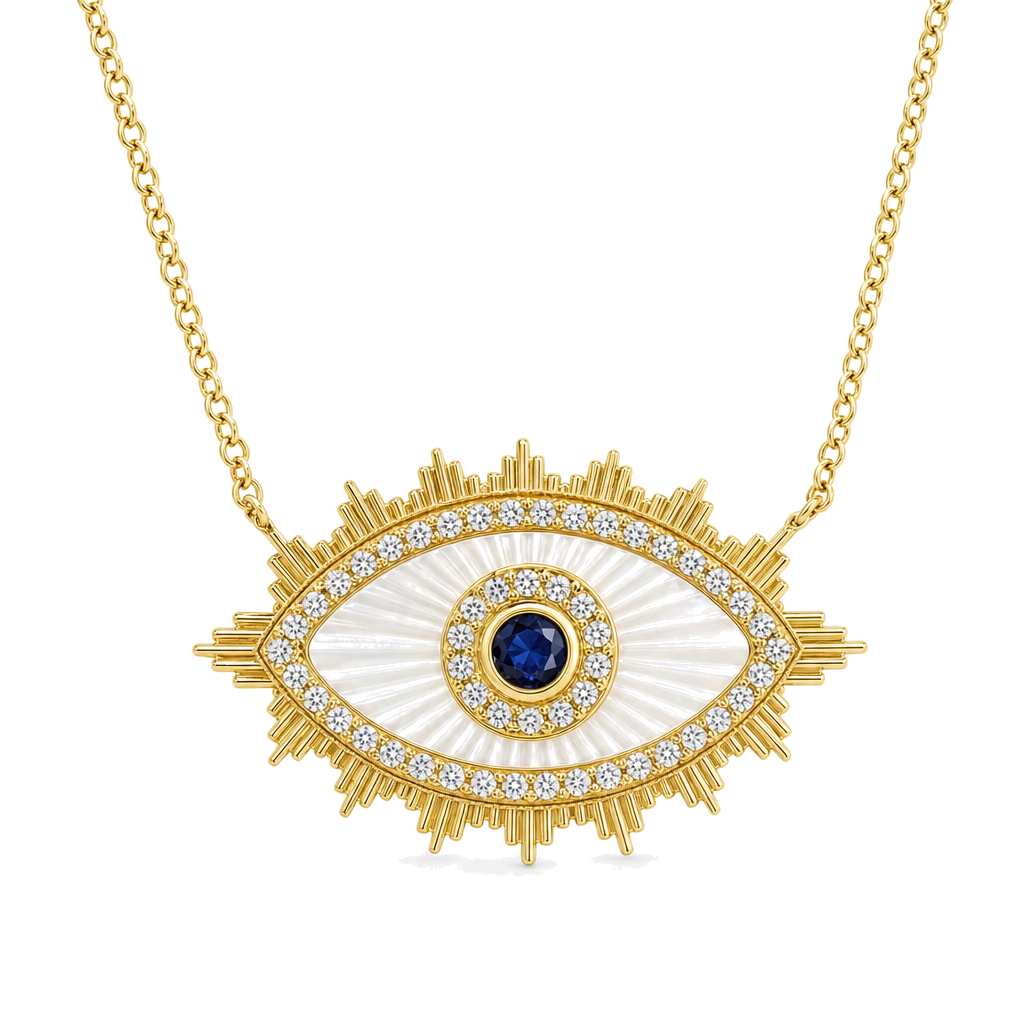Round Diamond and Mother of Pearl Fluted Evil Eye Necklace