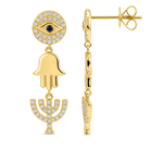 Round Diamond and Sapphire Evil Eye Menorah and Hamsa Earrings