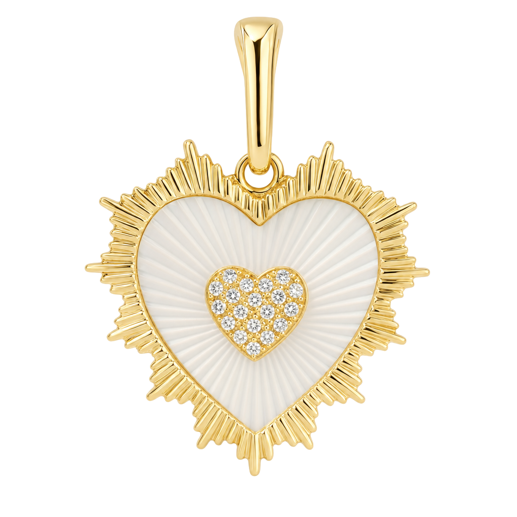 Fluted Heart Mother of Pearl Diamond Necklace Charm