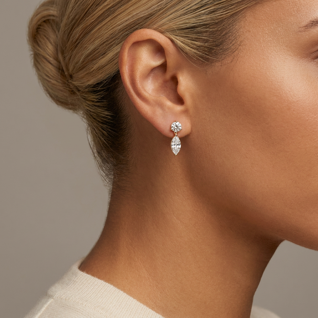 Round and Marquise Lab Diamond Dangle Stud Earrings — model shot