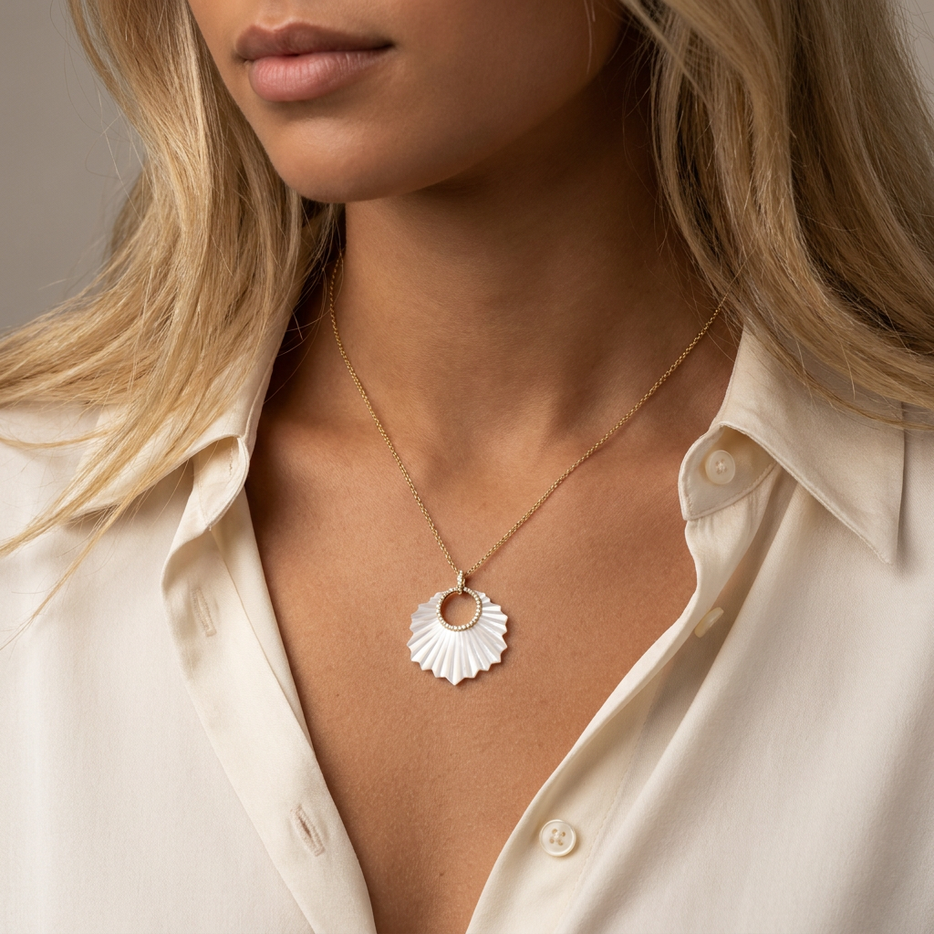 Round Diamond and Mother of Pearl Fluted Leaf Necklace — model shot