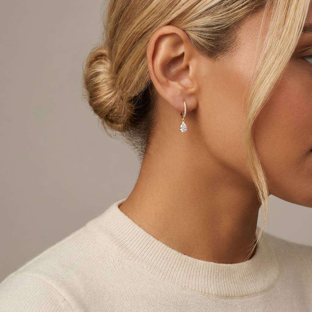 Round and Pear Lab Diamond Huggie Earrings — model shot