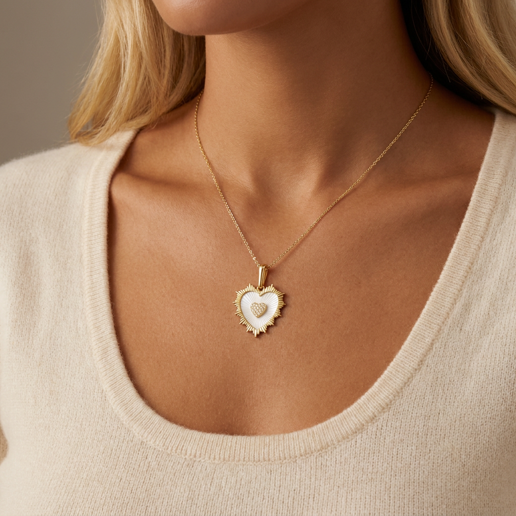 Fluted Heart Mother of Pearl Diamond Necklace Charm — model shot