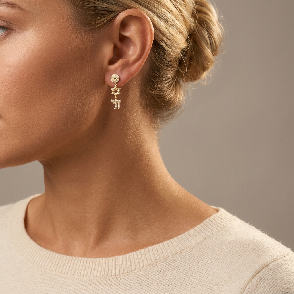 Diamond Evil Eye Chai & Star of David Dangle Earrings — model shot