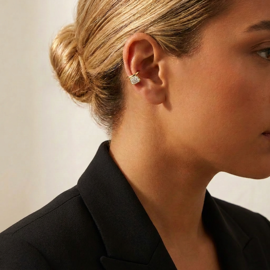 Emerald Cut Lab Diamond Bezel Ear Cuff — model shot