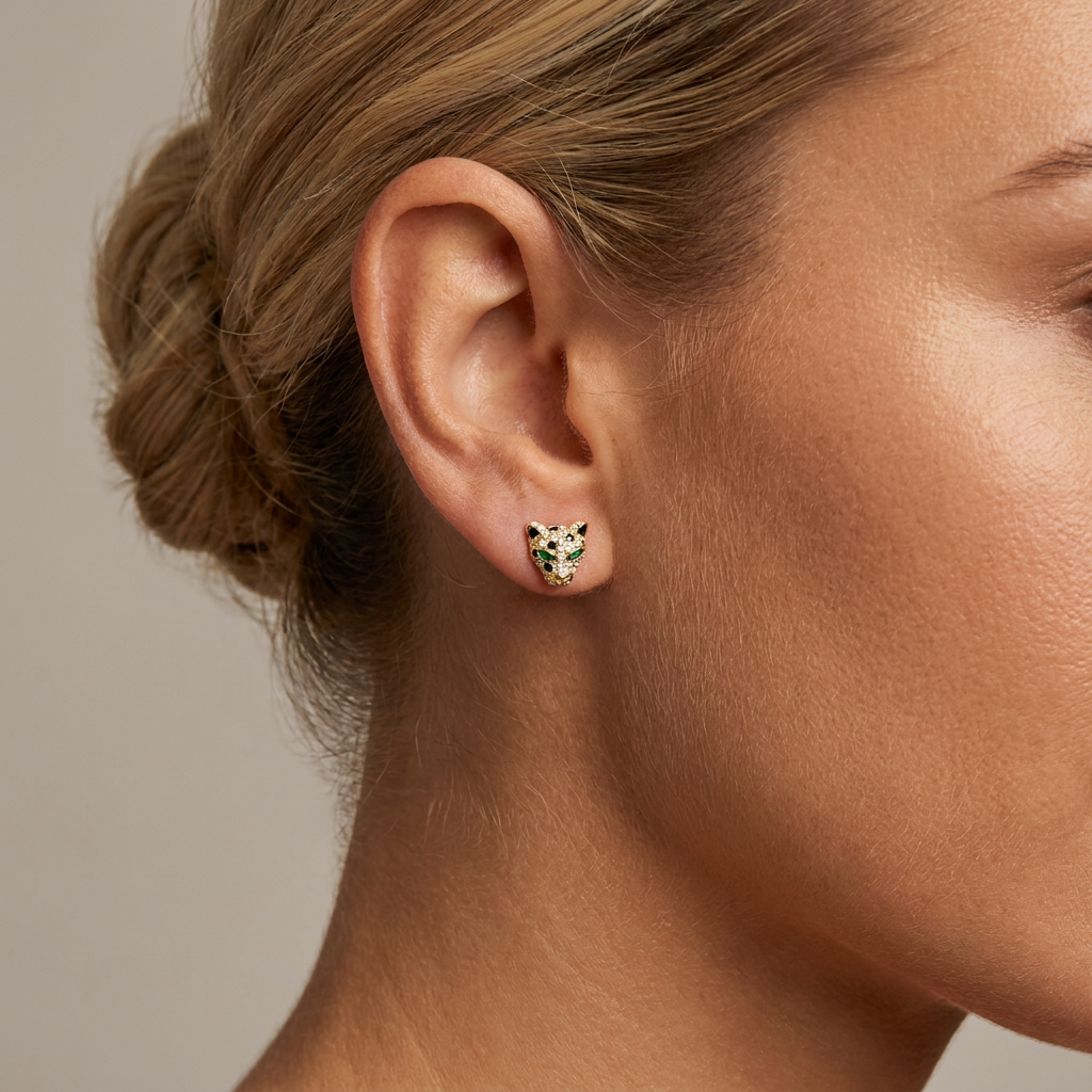 Micro Pave Diamond Leopard Button Earrings — model shot