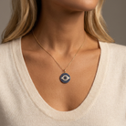 Micro Pave Blue Sapphire Evil Eye Diamond Necklace Charm — model shot