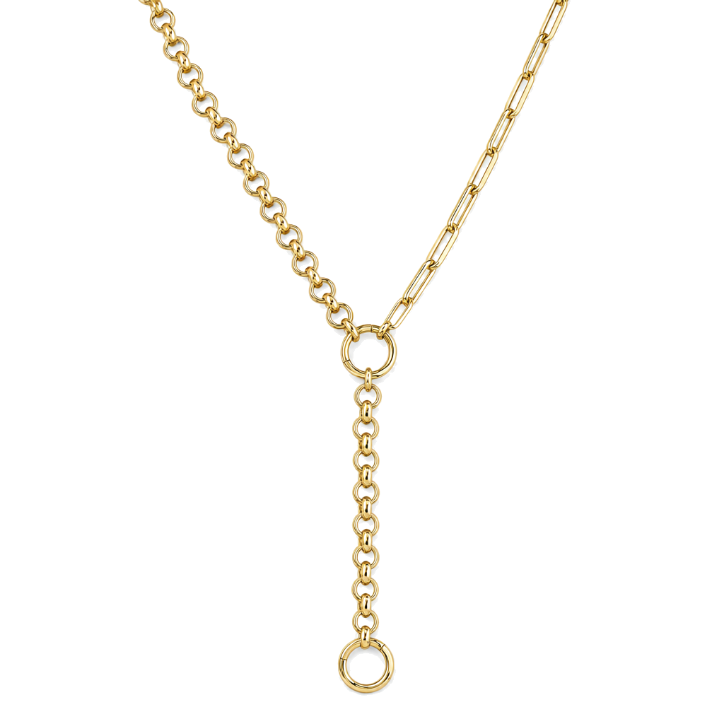 Half Chunky Rolo Half Paper Clip Lariat Gold Chain Necklace