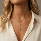 Oval Cable Link Lariat Gold Necklace — model shot