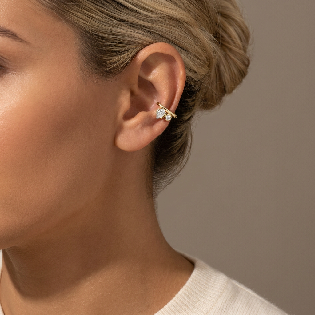 Lab Grown Pear + Round Diamond Ear Cuff — model shot