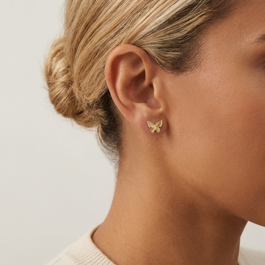 Radiating Butterfly Diamond Button Earrings — model shot