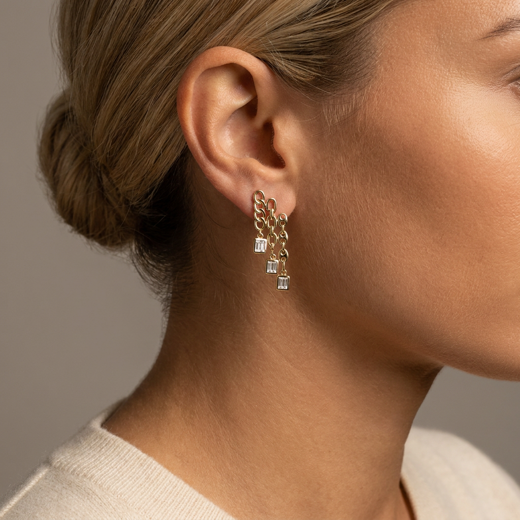 Multi Links Baguette Bezel Drop Earrings — model shot