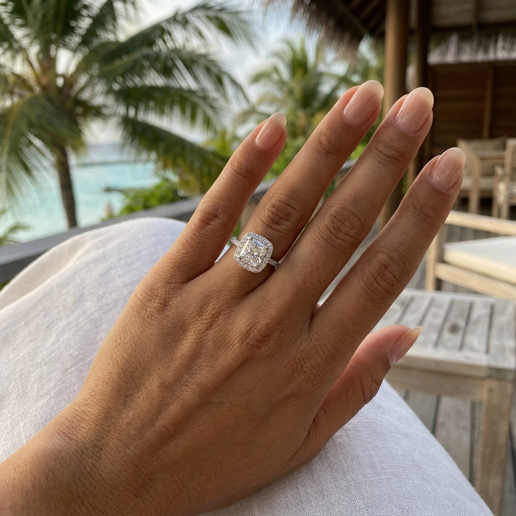 Cushion Diamond Pave Halo Engagement Ring — model shot