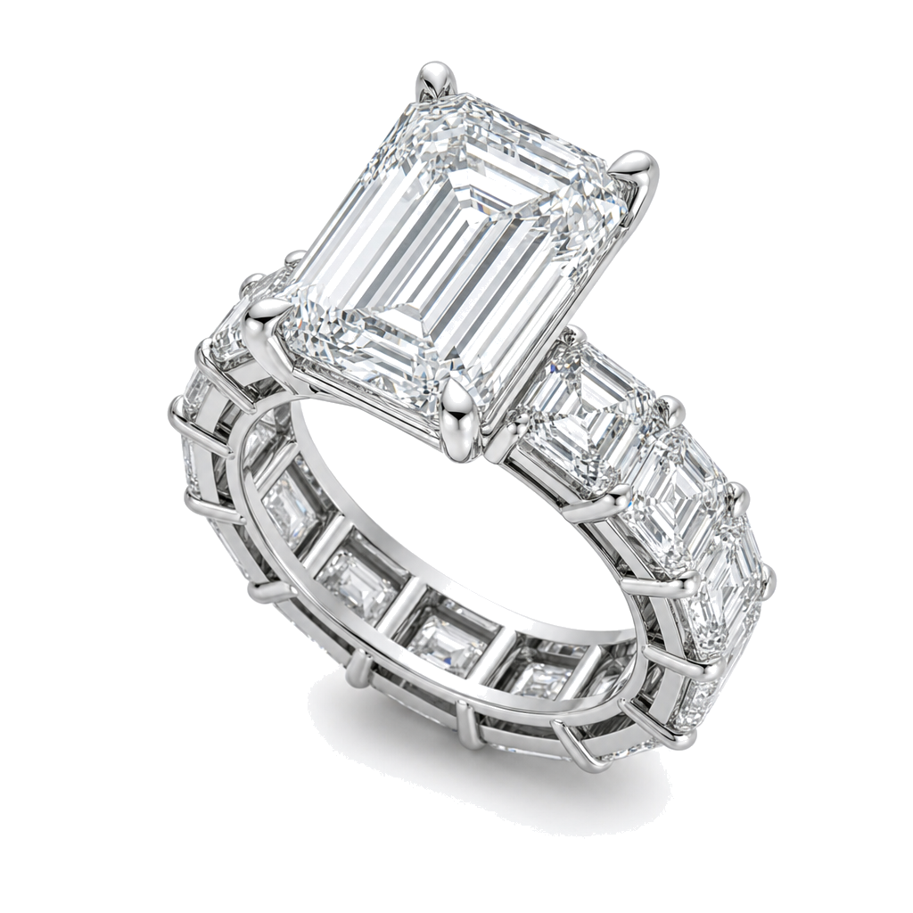 Emerald and Asscher Cut Lab Diamond Eternity Engagement Ring