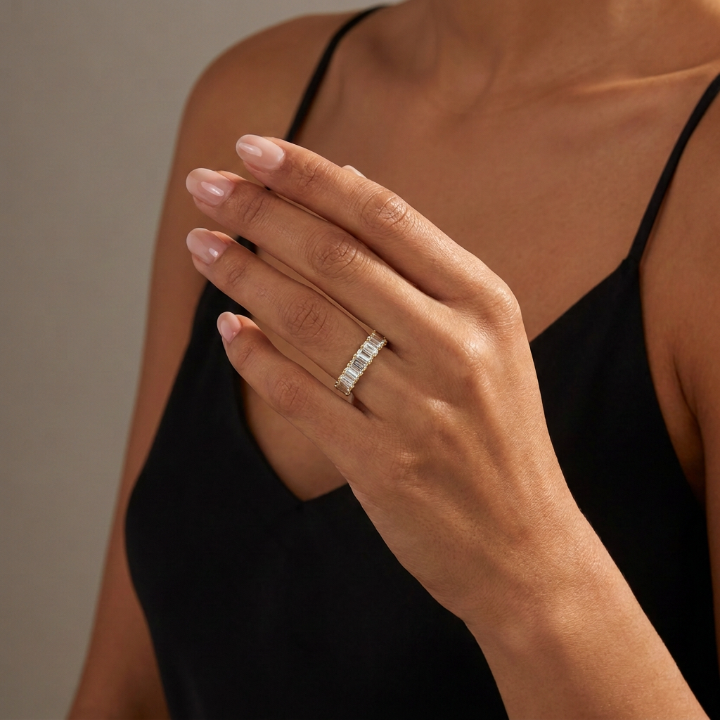 Emerald Cut Lab Diamond Eternity Ring — model shot