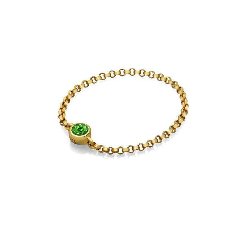 18K gold birthstone chain ring with green gemstone, perfect for meaningful gifts and personal elegance.