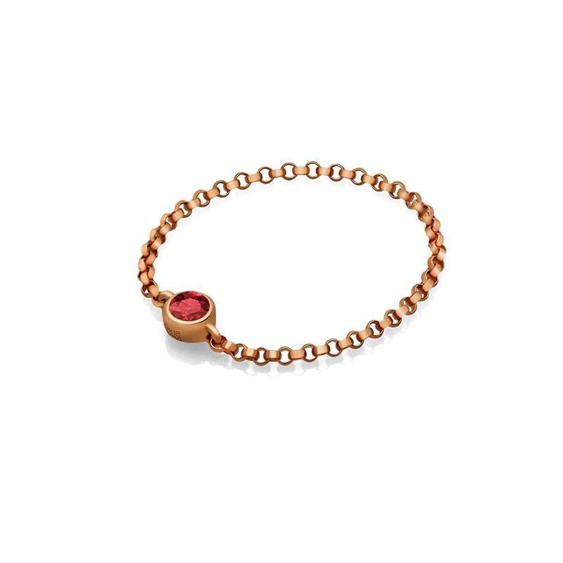 18K gold chain ring featuring a vibrant red birthstone, elegant and meaningful jewelry gift.