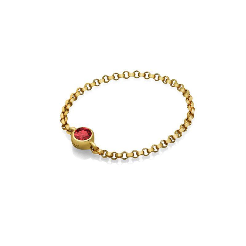 18K gold chain ring featuring a vibrant red birthstone, perfect for meaningful gifts and elegant jewelry collections.