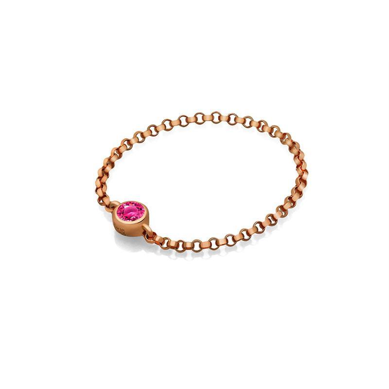 18K gold chain ring featuring a vibrant pink birthstone, perfect for a meaningful gift or personal elegance.