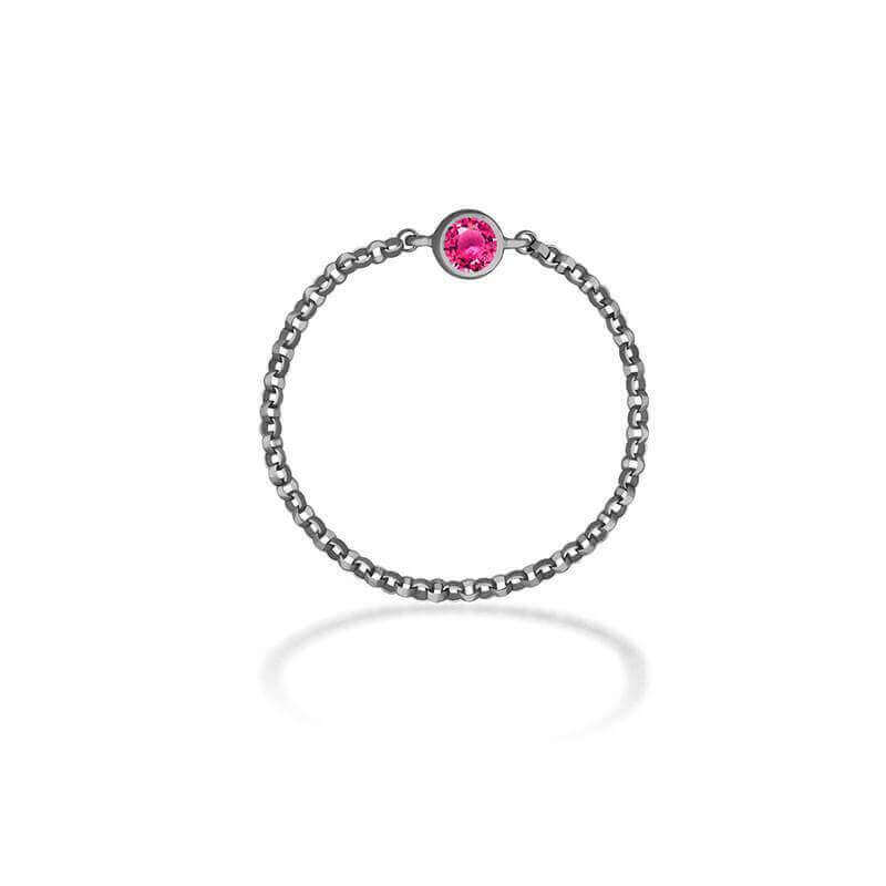 18K gold chain ring featuring a pink birthstone, a unique and elegant accessory for personal and meaningful gifting.