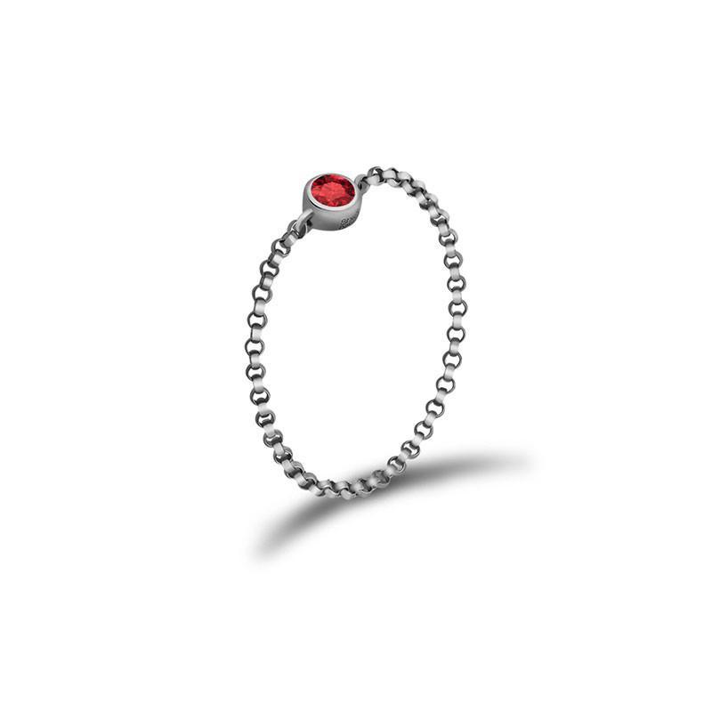 18K gold chain ring featuring a vibrant red birthstone, perfect for personal significance and elegant gift giving.