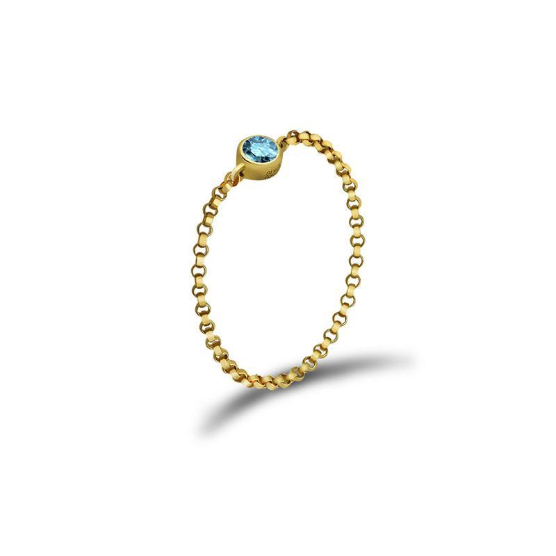 18K gold chain ring with a blue birthstone, elegant jewelry piece perfect for gifts and personal celebration.