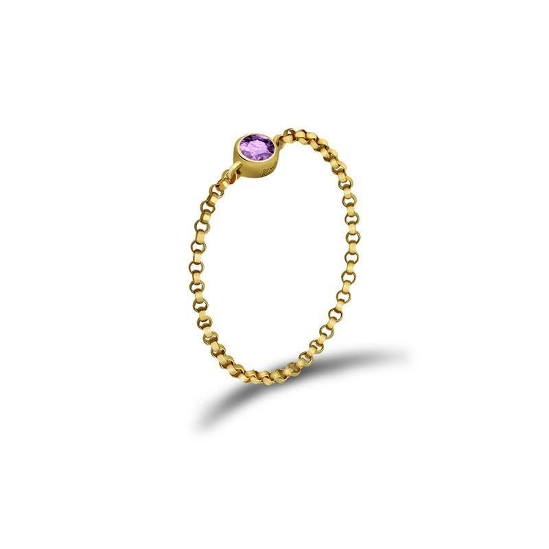 18K gold chain ring featuring a vibrant purple birthstone, perfect for elegant gifting and personal style.