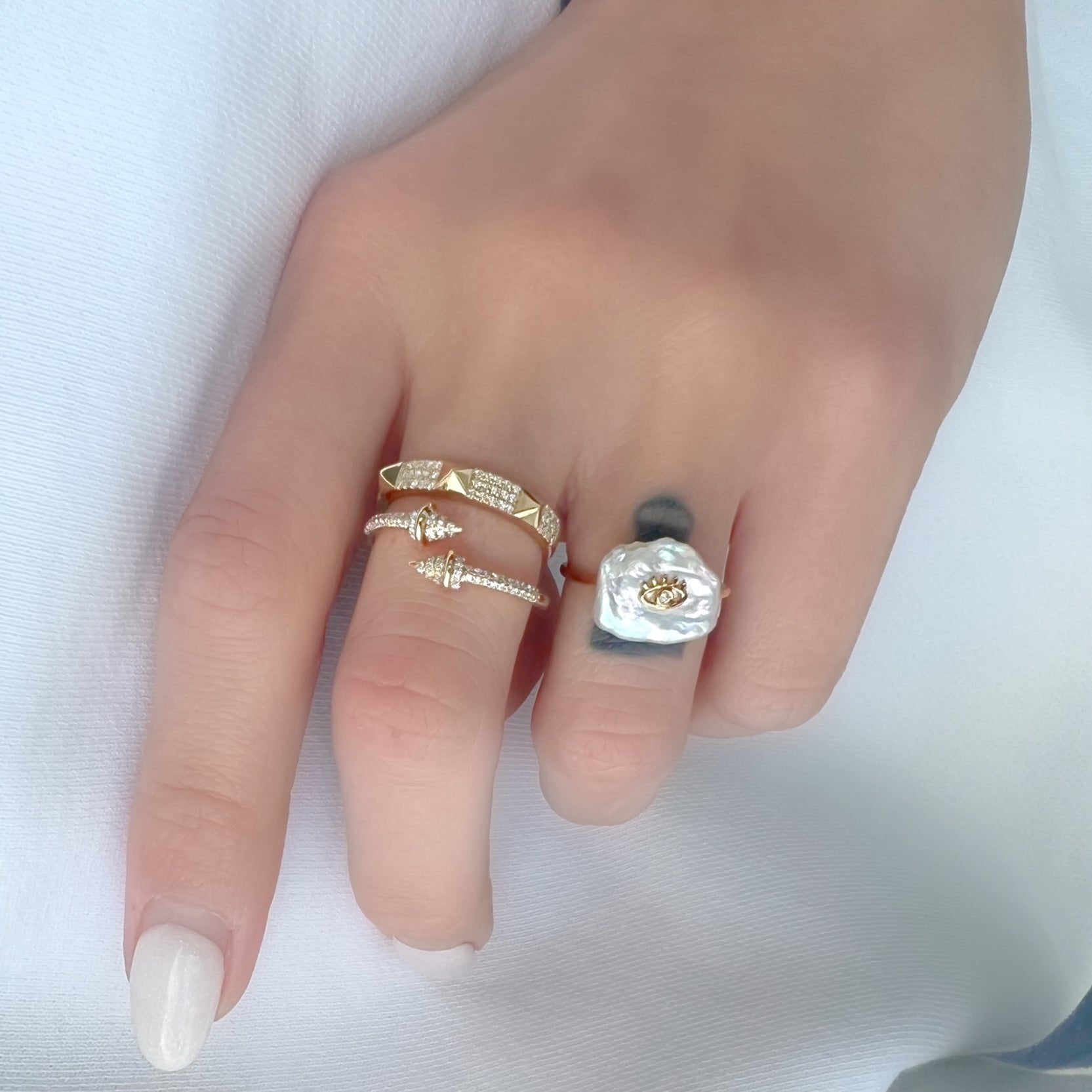 18K Gold Flat Pearl Diamond Accented Evil Eye Ring - Rings - Izakov Diamonds + Fine Jewelry