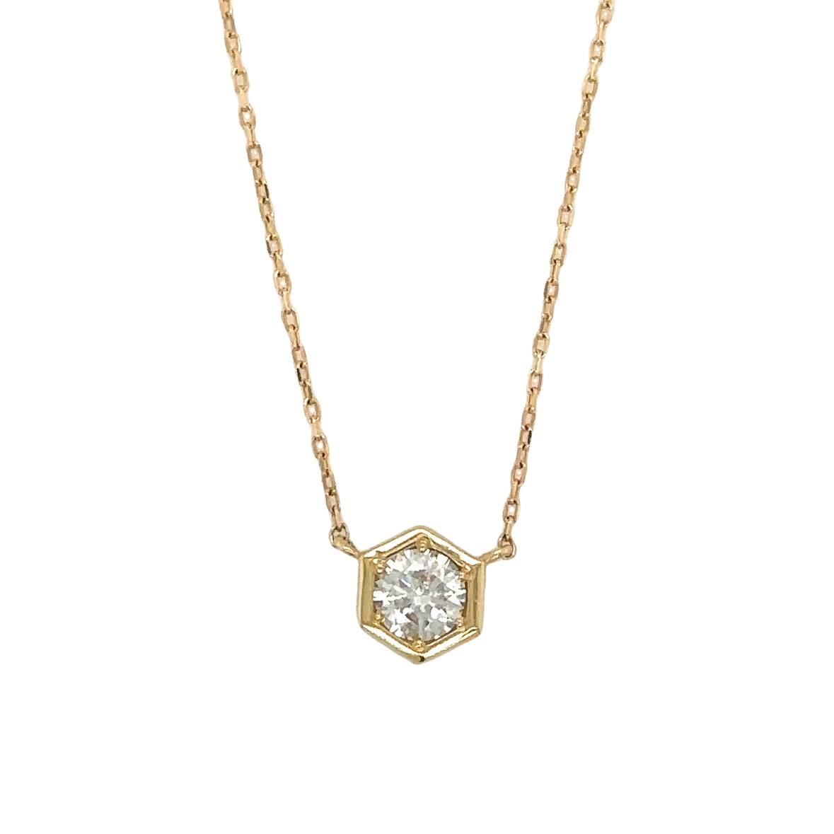 18K Gold Hexagon Necklace with Round Diamond Floating Pendant on Adjustable Chain