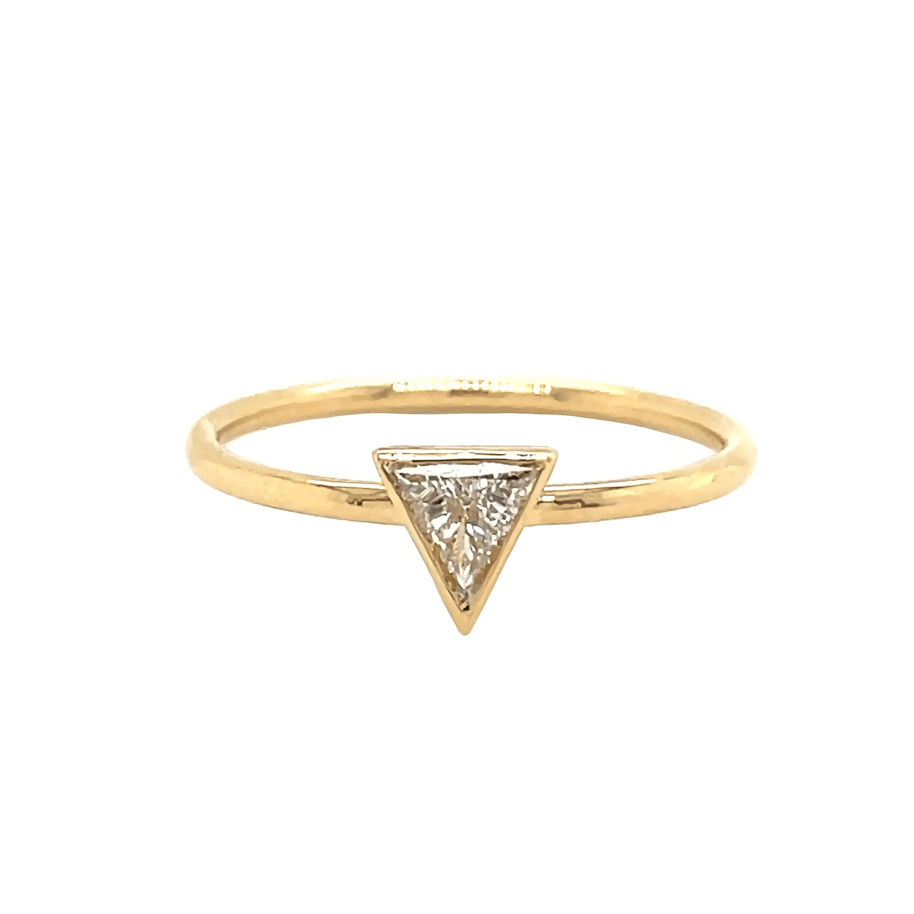 18K gold trillion diamond bezel ring featuring a 0.46 carat diamond in a sleek solitaire design.