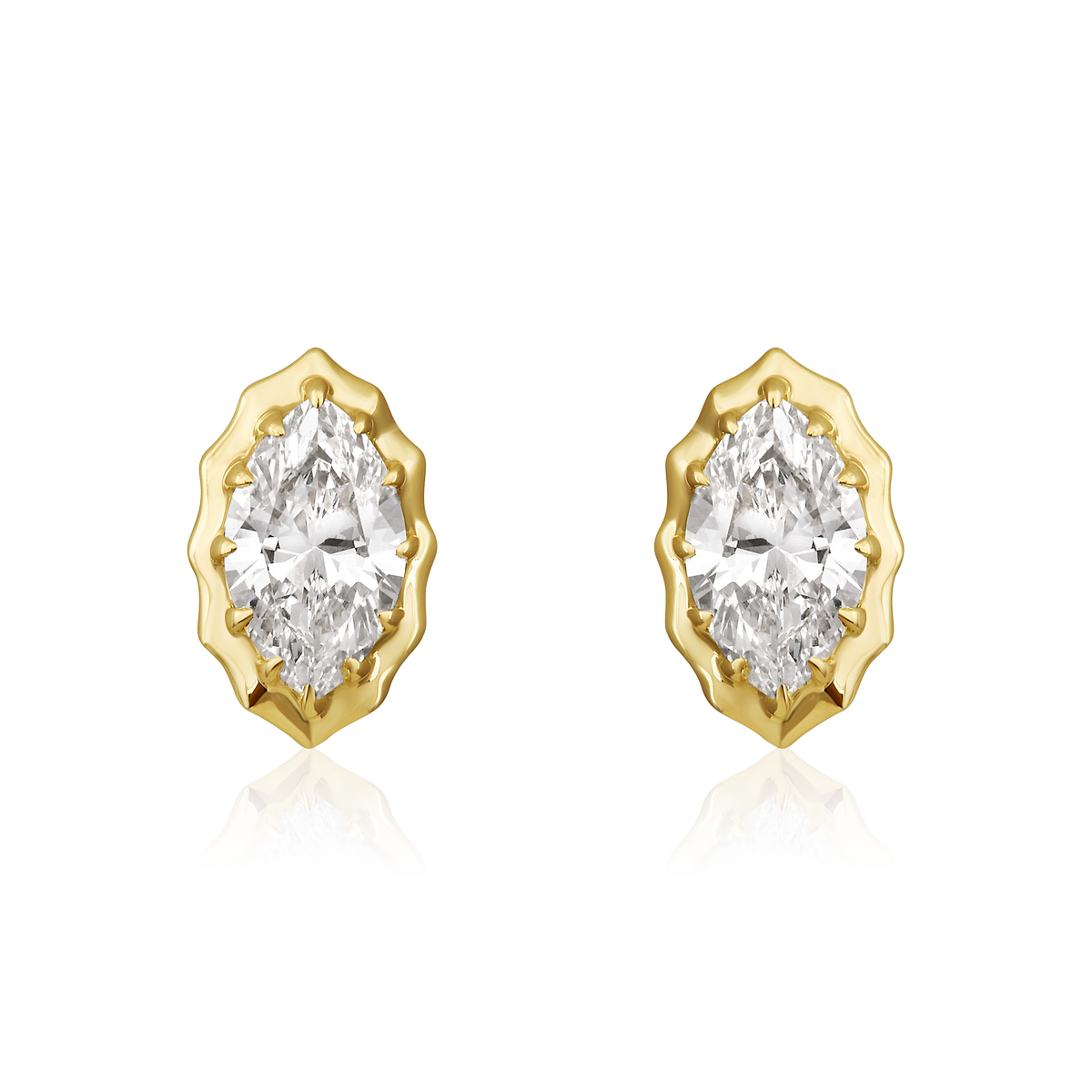 Marquise Diamond Scalloped Bezel Earrings in 14k yellow gold, pair