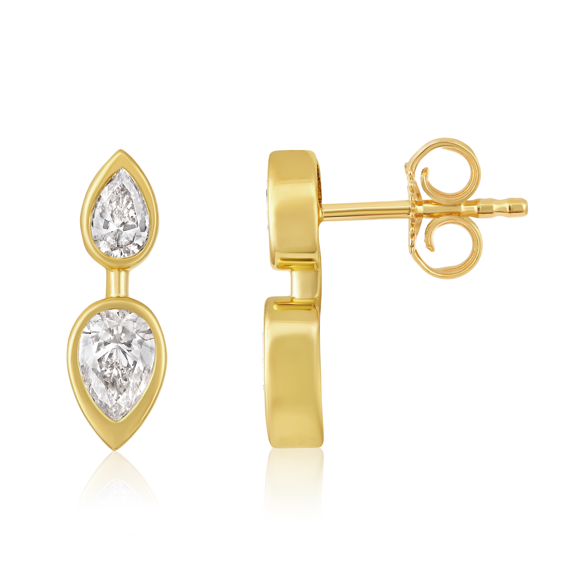Double Pear Diamond Bezel Stud Earrings in 14k yellow gold