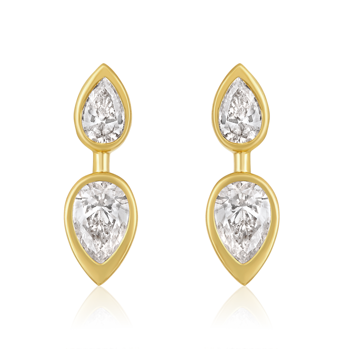 Double Pear Diamond Bezel Stud Earrings in 14k yellow gold