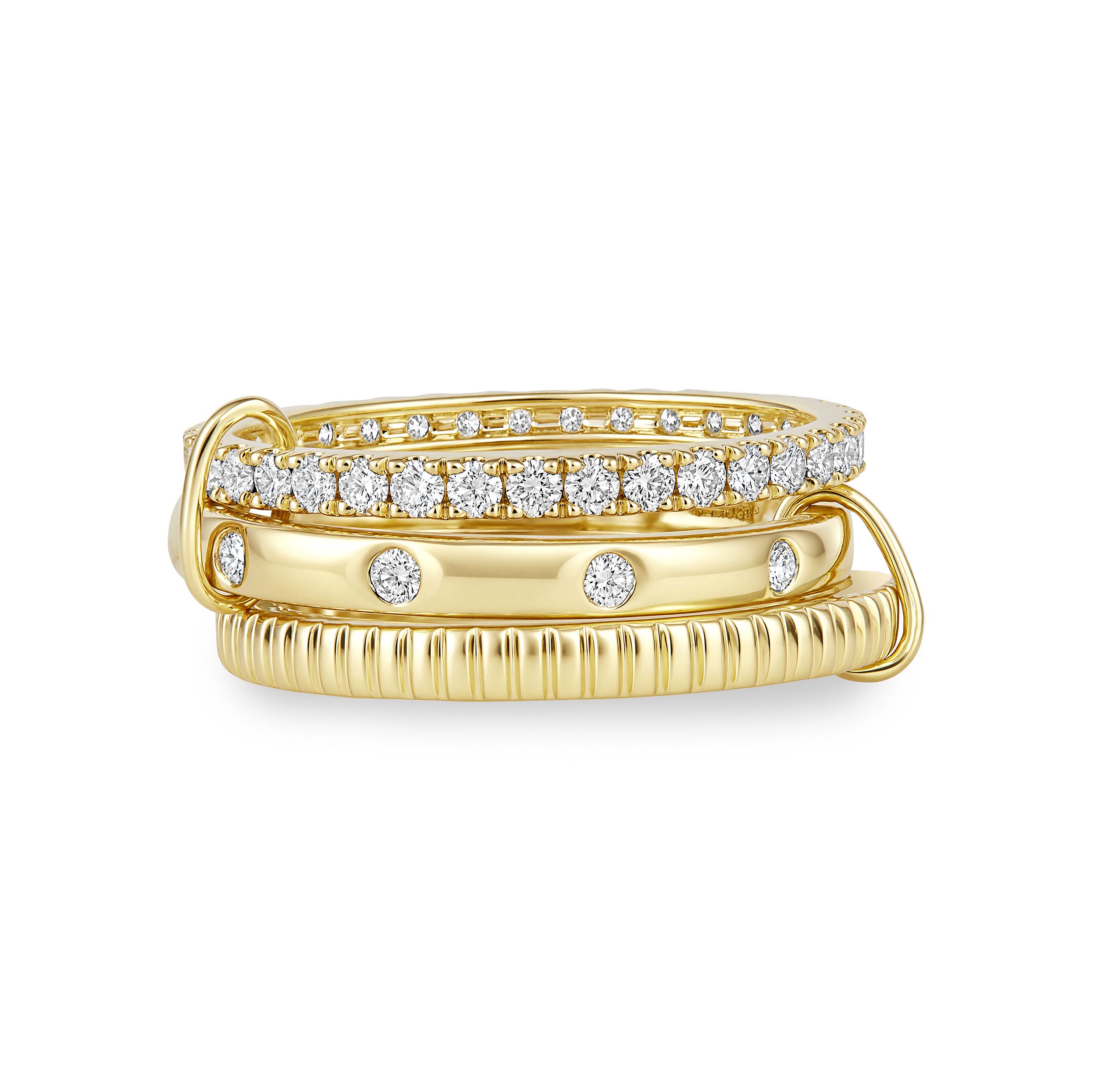 Three Row Pavé Diamond Fluted Stack Ring in 14k yellow gold