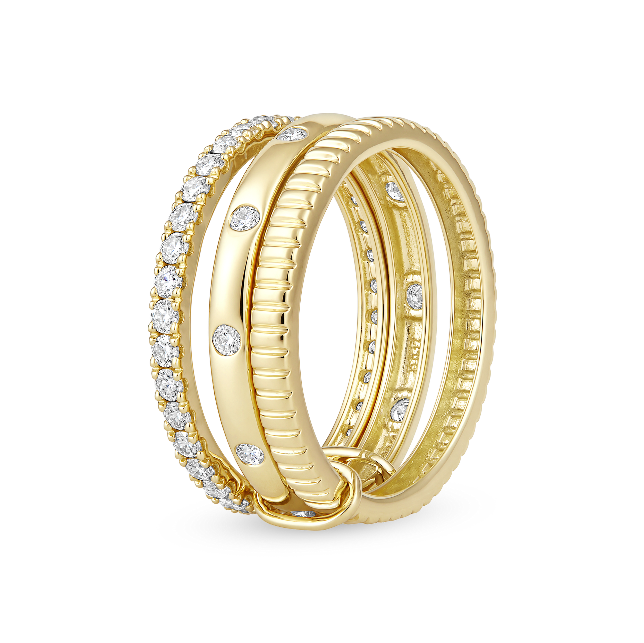 Three Row Pavé Diamond Fluted Stack Ring in 14k yellow gold