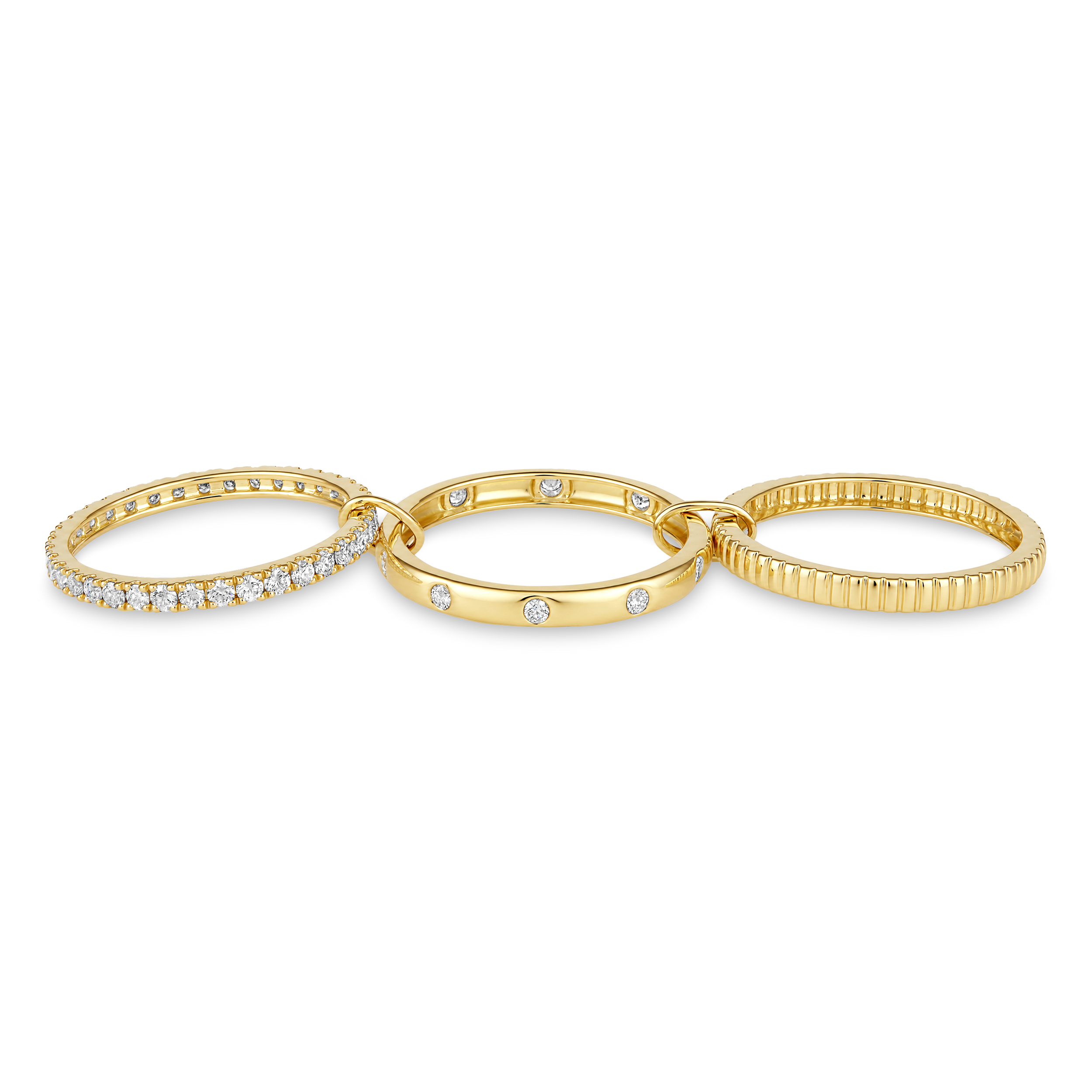 Three Row Pavé Diamond Fluted Stack Ring in 14k yellow gold